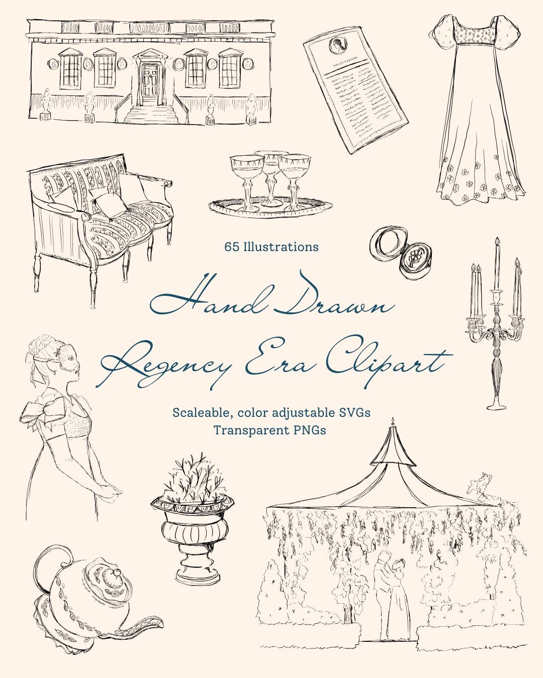 Regency Line Drawing Hand Drawn Vintage Regency Era Digital Illustrations | 65 SVG and PNG ...