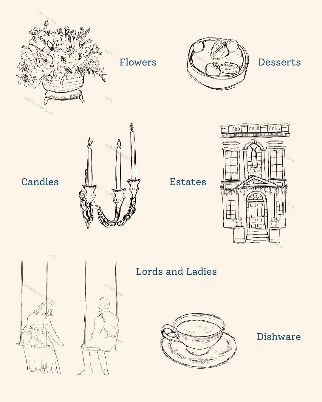 Regency Pattern Svg Hand Drawn Vintage Regency Era Digital Illustrations | 65 SVG and PNG ...