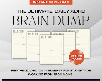Puede incluir: Gráfico de descarga digital con el texto "THE ULTIMATE DAILY ADHD BRAIN DUMP". La imagen muestra varias páginas de planificador imprimibles con secciones para notas. El diseño incluye las palabras "BRAIN DUMP" en la parte superior de cada página. La imagen también incluye las palabras "DESCARGA INSTANTÁNEA" y "ACCESO DE POR VIDA".