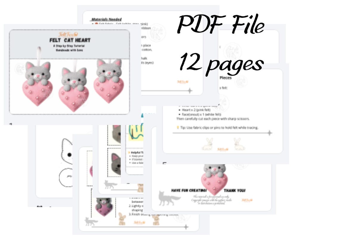 Cat Felt Ornament PDF Pattern | Valentine Heart Cat Easy Sewing ...