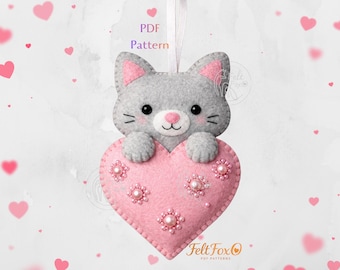 Cat Felt Ornament PDF Pattern | Valentine Heart Cat Easy Sewing Tutorial | Cute Felt Toy DIY | Handmade Gift Decor | Instant Download