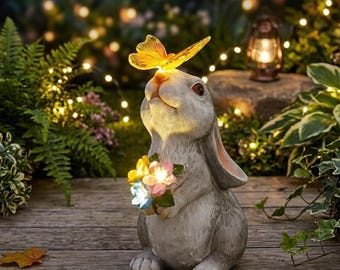 Solar Rabbit Statue with LED Light, Resin Bunny & Butterfly Garden Decor, Animal Sculpture Figurine for Courtyard Lawn