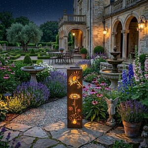 Könnte beinhalten: Eine hohe, rechteckige Gartenleuchte aus dunklem Metall mit lasergeschnittenen Motiven von Sonnenblumen und einem Pilz, die von innen leuchten. Die Leuchte steht auf einem Steinweg in einem Garten mit Blumen, einem Brunnen und einem Gebäude.