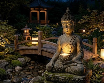 Boeddhabeeld op zonne-energie met licht, zittend meditatiebeeldje voor tuinterras, zendecor buiten, hars gazonornament, rustgevende tuindecoratie