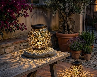 Wrought Iron Solar Lantern, Hanging Hollow Outdoor Light, LED Landscape Projection Lamp, Waterproof Garden Decor, Patio Hanging Luminaire
