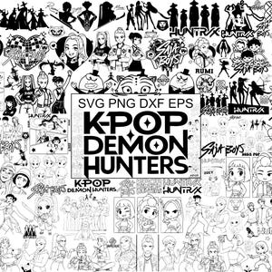 Puede incluir: Una impresión de arte digital en blanco y negro con varias ilustraciones y textos temáticos de K-Pop. El texto central dice "K-POP DEMON HUNTERS" con texto y gráficos adicionales. Adecuado para proyectos de arte digital y manualidades.