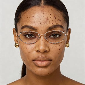 Puede incluir: Gafas de color oro rosa con lentes ovaladas y adornos decorativos. Las monturas presentan un diseño delicado con pequeños acentos brillantes. La imagen también muestra pendientes dorados.