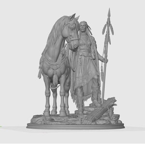 May include: A detailed gray sculpture of a Native American figure standing next to a horse. The figure holds a spear and is dressed in traditional clothing. The horse is adorned with decorative tack.