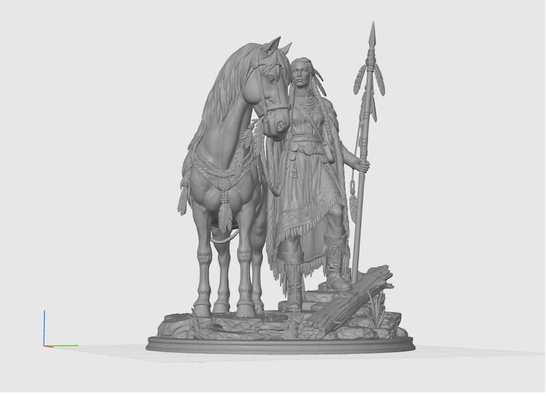 May include: A detailed gray sculpture of a Native American figure standing next to a horse. The figure holds a spear and is dressed in traditional clothing. The horse is adorned with decorative tack.