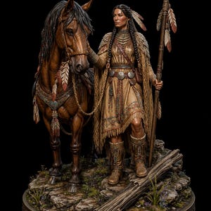 May include: A detailed sculpture of a Native American woman standing with a brown horse. She wears a fringed dress, boots, and a feathered headdress. The woman holds a spear and stands on a rocky base with a log. The horse has decorative tack.