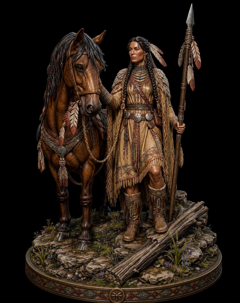 May include: A detailed sculpture of a Native American woman standing with a brown horse. She wears a fringed dress, boots, and a feathered headdress. The woman holds a spear and stands on a rocky base with a log. The horse has decorative tack.