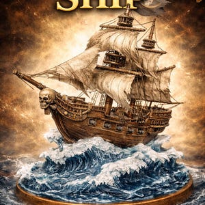 May include: A detailed illustration of a pirate ship sailing on a stormy sea. The ship is brown with white sails and a skull figurehead. The text "PIRATE SHIP" is displayed in gold at the top.
