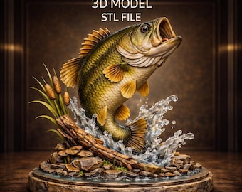 Largemouth Bass STL • Leaping Fish Sculpture • 3D Printable Wildlife Statue • Fishing Decor Digital Download