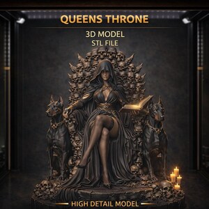 Op de afbeelding: Gedetailleerd 3D-model van een troon met een figuur met capuchon, geflankeerd door twee Dobermanns. De troon is versierd met schedels. De tekst "QUEENS THRONE" en "HIGH DETAIL MODEL" zijn zichtbaar.