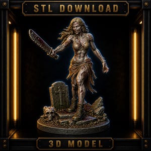 Puede incluir: Modelo 3D de una figura de zombi femenina, sosteniendo un machete ensangrentado. La figura está de pie sobre una base de piedra con una lápida y una calavera. El modelo está detallado con sangre y ropa rasgada. Se muestra el texto "STL DOWNLOAD" y "3D MODEL".