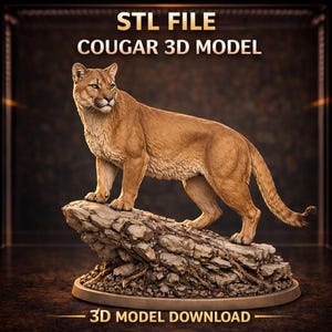 May include: A detailed 3D model of a cougar, rendered in shades of tan and brown, standing atop a rocky base. The image includes the text "STL FILE COUGAR 3D MODEL" and "3D MODEL DOWNLOAD". The cougar is posed in a lifelike stance.