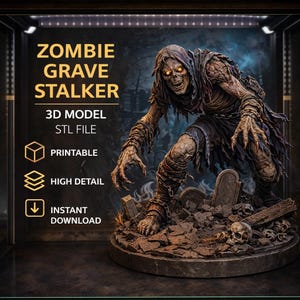 Puede incluir: Modelo 3D de un acechador de tumbas zombi, un archivo STL imprimible. La figura es una representación detallada y espantosa de un zombi con ojos brillantes, ropa hecha jirones y cadenas. La base incluye lápidas y calaveras. El texto dice "Imprimible", "Alto Detalle" y "Descarga Instantánea".
