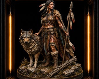 Wolf Keeper STL | Native Tribal Huntress with Wolf 3D Print File | Fantasy Warrior Statue | Resin & FDM Miniature