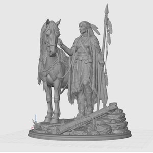 May include: A detailed gray sculpture of a Native American figure standing next to a horse. The figure is holding a spear and wearing traditional clothing. The horse has detailed tack. The sculpture is on a rocky base.