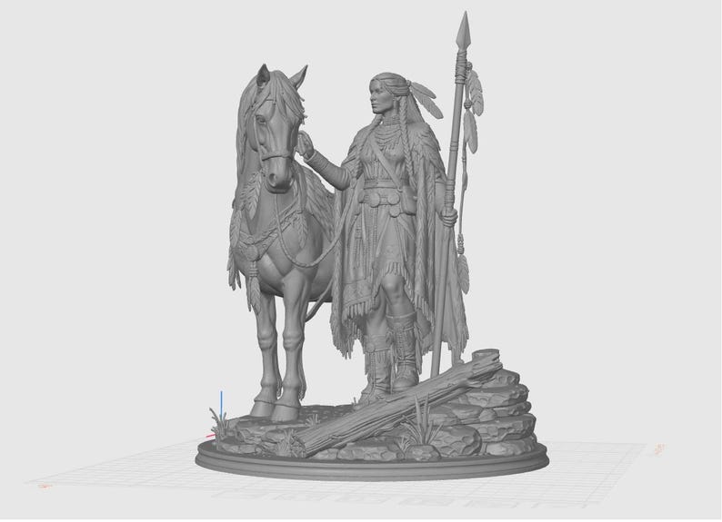 May include: A detailed gray sculpture of a Native American figure standing next to a horse. The figure is holding a spear and wearing traditional clothing. The horse has detailed tack. The sculpture is on a rocky base.