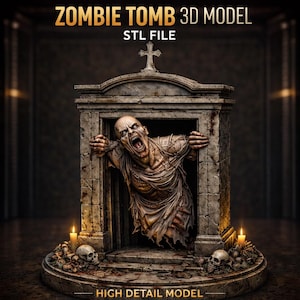 Może przedstawiać: Model 3D grobowca zombie z tekstem "ZOMBIE TOMB 3D MODEL STL FILE" i "HIGH DETAIL MODEL". Grobowiec jest kamienny, zwieńczony krzyżem. Zombie jest blade i krzyczy, ze świecami i czaszkami u podstawy.