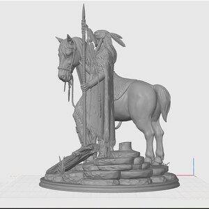 May include: A gray sculpture of a Native American figure on horseback, holding a spear. The horse and rider are detailed, with the rider wearing a feathered headdress and fringed garments. The sculpture rests on a stone base with a log and grass.