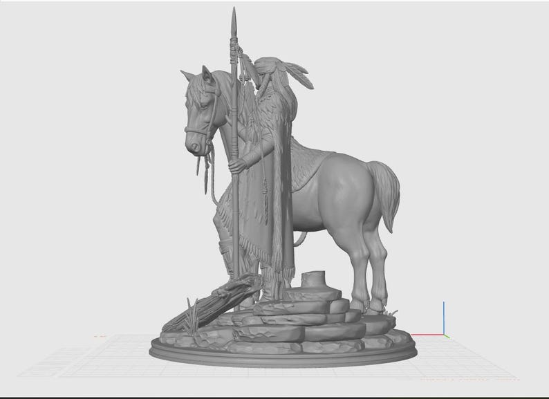May include: A gray sculpture of a Native American figure on horseback, holding a spear. The horse and rider are detailed, with the rider wearing a feathered headdress and fringed garments. The sculpture rests on a stone base with a log and grass.