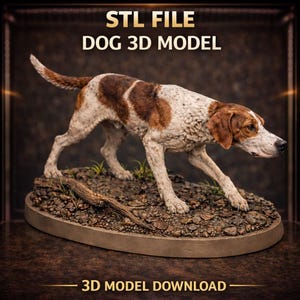 May include: A 3D model of a dog, featuring a white and brown spotted coat, is depicted in a walking pose. The model is set on a textured base with the text "STL FILE DOG 3D MODEL" and "3D MODEL DOWNLOAD".