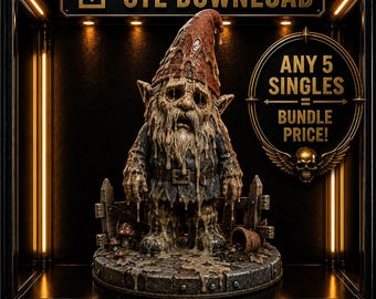 May include: A 3D model of a gnome covered in a thick, dripping substance, wearing a pointed red hat and dark clothing. The gnome stands on a circular stone base with a small fence, mushrooms, and a pot. Text reads STL DOWNLOAD, 3D MODEL, ANY 5 SINGLES = BUNDLE PRICE!