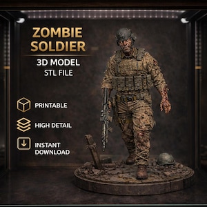 以下が含まれることがあります： ゾンビ兵士の3Dモデル、印刷用のSTLファイル。兵士は軍服を着てライフルを持ち、負傷している。テキストには「ZOMBIE SOLDIER 3D MODEL STL FILE、PRINTABLE、HIGH DETAIL、INSTANT DOWNLOAD」と書かれている。