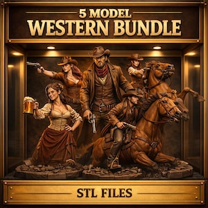 Può includere: Immagine di un pacchetto a tema Western con cinque modelli. La scena presenta figure in abiti da cowboy, alcune con pistole e a cavallo. Il testo "5 MODEL WESTERN BUNDLE" e "STL FILES" sono visualizzati.
