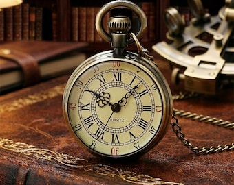 Vintage roman numeral pocket watch - Quartz movement pendant necklace watch- Perfect gift for him or her