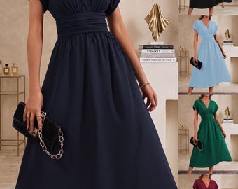 Plissee Langes Kleid für Frauen | Sommer V-Ausschnitt Fledermausärmel | Solid Color Maxi Maxi | Y2K Mode Kleidung | Minimalistisches Boho Kleid