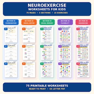 Peut inclure: Fiches d'exercices neuro pour enfants comprenant 75 pages, 5 sections et 15 exercices. Le document inclut des sections pour la coordination, le visuo-moteur, la mémoire visuelle, la flexibilité et le séquençage, en format PDF imprimable.