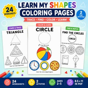 Może przedstawiać: Zestaw 24 edukacyjnych kolorowanek zatytułowanych Learn My Shapes Coloring Pages z 2 ćwiczeniami. Arkusze zawierają czarno-białe rysunki liniowe trójkątów i kół, w tym kawałek pizzy, zegar i piłkę, przeznaczone do odrysowywania kształtów.