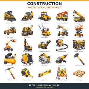 May include: A digital collection of 25 watercolor construction clipart images featuring yellow heavy machinery and tools including a skid steer, backhoe, crane, generator, circular saw, sledgehammer, measuring tape, and a wooden pallet on white.