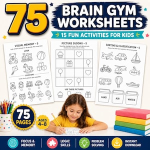 May include: A set of 75 brain gym worksheets for kids featuring 15 fun activities. The pages include visual memory exercises, picture sudoku, and sorting and classification tasks with black and white line drawings of toys, vehicles, and shapes.