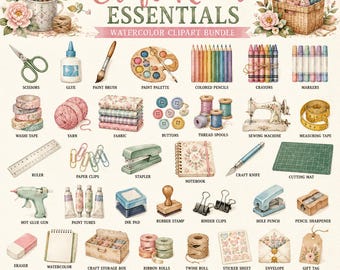 May include: A watercolor clipart bundle titled Craft Room Essentials featuring various art and sewing supplies including scissors, glue, paint brushes, pencils, crayons, markers, washi tape, yarn, fabric, buttons, thread, a sewing machine, and a ruler.