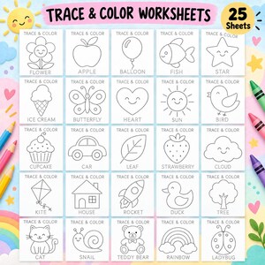Pode incluir: Um conjunto de 25 folhas de atividades para traçar e colorir com contornos pontilhados em preto e branco de objetos como flor, maçã, balão, peixe, estrela, sorvete, borboleta, coração, sol, pássaro, cupcake, carro, folha, morango, nuvem, pipa, casa, foguete, pato, árvore, gato, caracol, urso de pelúcia, arco-íris e joaninha.