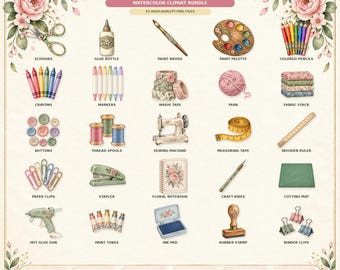 Craft Supplies Clipart Bundle, Watercolor Art Supplies PNG, Sewing, Painting, Scrapbooking Graphics, Digital Download