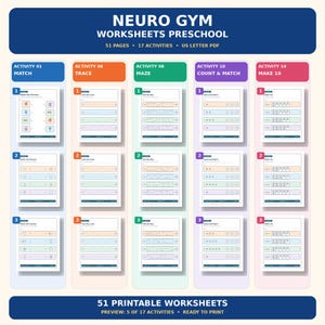 May include: A digital collection of Neuro Gym preschool worksheets featuring 51 pages and 17 activities in US Letter PDF format. The display shows five categories: Match, Trace, Maze, Count & Match, and Make 10, each with three sample activity sheets.
