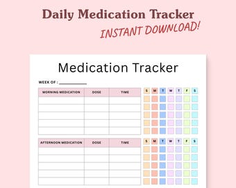 Può includere: Un tracker di farmaci stampabile con il titolo "Medication Tracker" e il testo "Daily Medication Tracker INSTANT DOWNLOAD!". Il tracker include sezioni per i farmaci mattutini e pomeridiani, la dose, l'ora e un programma settimanale.