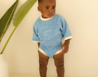 Unisex Kids Playsuit, Soft Blue Terry Towelling Romper