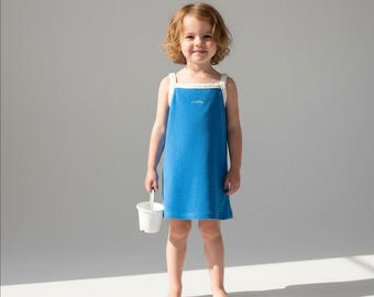 Blue Terry Towelling Girls Dress, Soft Sleeveless Summer Dress with White Trim, Toddler Summer Outfit, Sizes 1-8