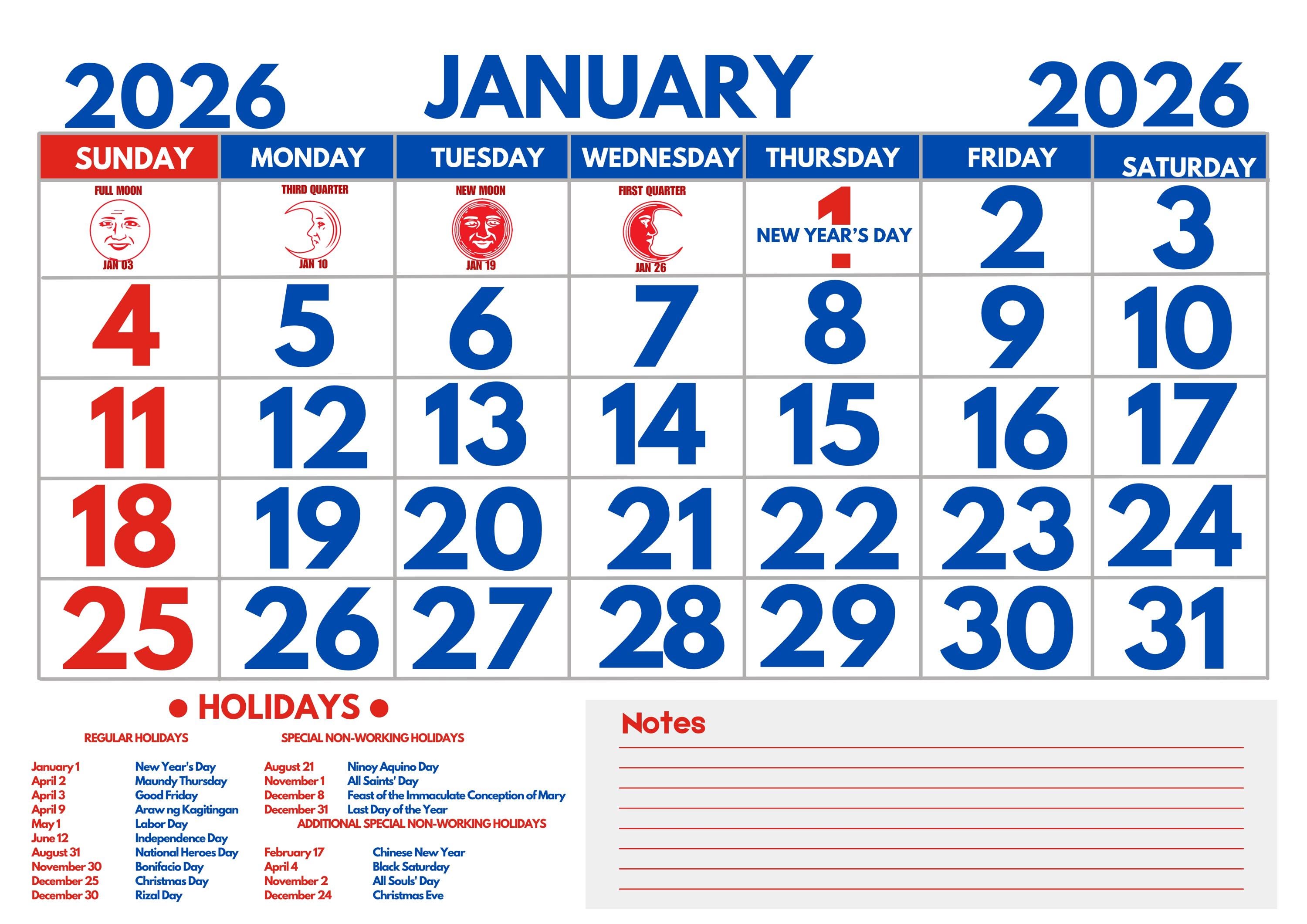 2026 Philippine Calendar Printable | Blue Minimal Calendar ...