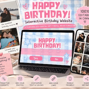 Puede incluir: Una plantilla de sitio web de cumpleaños interactivo que se muestra en la pantalla de una computadora portátil y un teléfono inteligente. El diseño presenta un fondo a cuadros azul claro con texto rosa HAPPY BIRTHDAY y botones Yes y No.