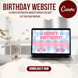 Puede incluir: Una computadora portátil muestra una interfaz de sitio web de cumpleaños con el texto "HAPPY BIRTHDAY!" y botones interactivos. La imagen incluye el texto "BIRTHDAY WEBSITE" y "ULTIMATE INTERACTIVE WEBSITE FOR HER THE BEST GIFT FOR YOUR PARTNER."