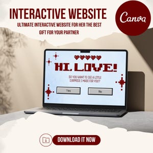 Puede incluir: Una computadora portátil muestra una interfaz de sitio web con el texto "HI LOVE!" y una pregunta: "¿Quieres ver una pequeña sorpresa que hice para ti?" con los botones "Sí" y "No". La imagen también incluye el texto "INTERACTIVE WEBSITE" y "DOWNLOAD IT NOW".