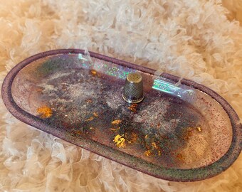 Handgemachtes Galaxy Resin Trinket Tablett | Glitter Oval Catchall Dish, himmlische Eitelkeit Dekor