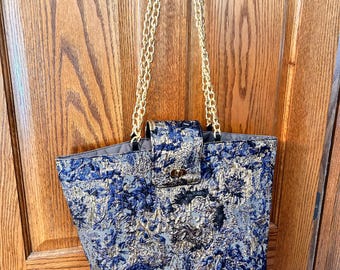 Navy & Gold Brokat Einkaufstasche | Handgemachte Elegante Schultertasche | Kettenriemen Handtasche | Luxus Abend Tote